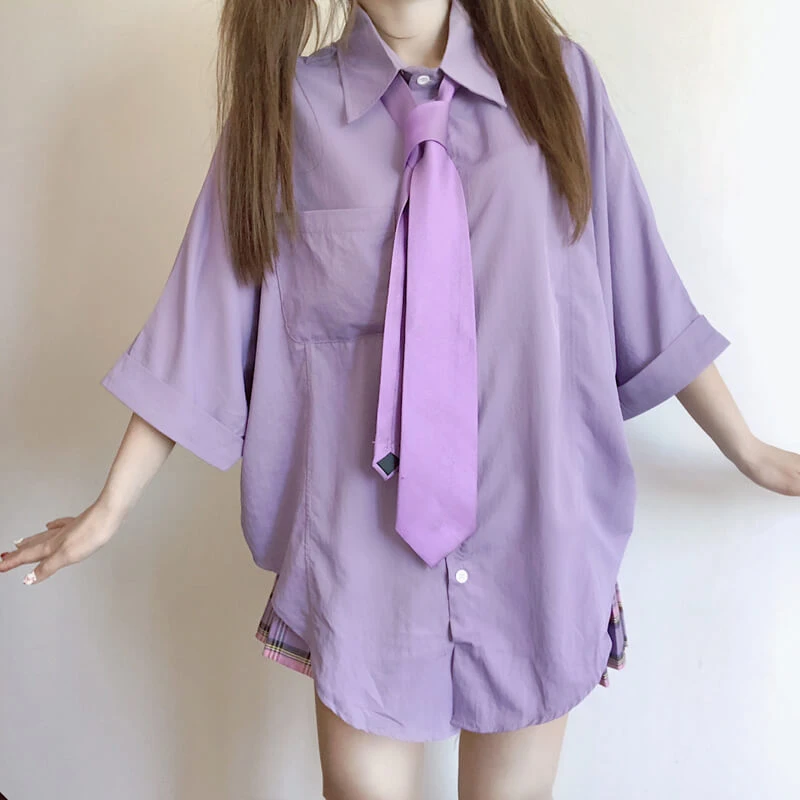 Purple Shirt Plaid Pleated Skirt Set AD11495 – Andester