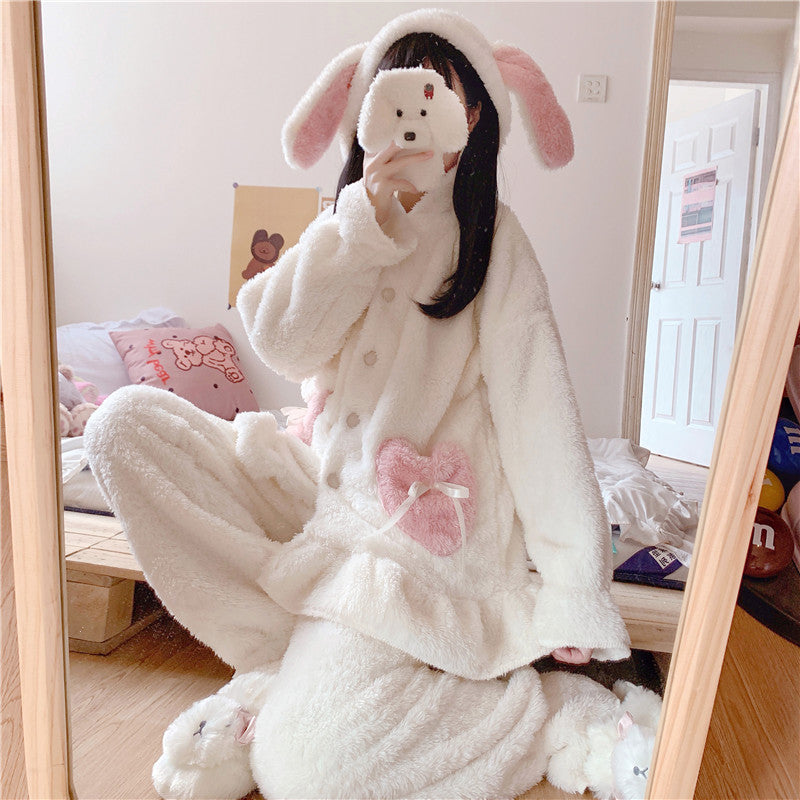 Cute Bunny Ear Bear Hooded Pajamas Set