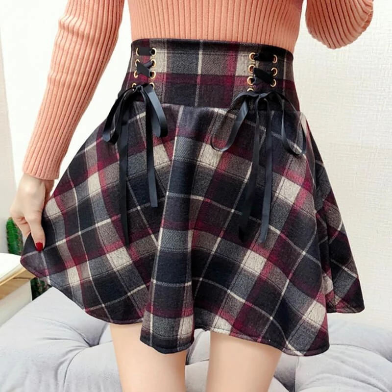 Red/Blue Retro Woolen Plaid Lace-up Skirt AD10545 – Andester