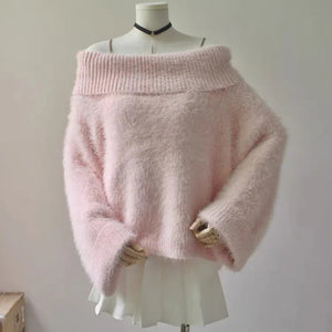 Pink Women’s One-Shoulder Pile Collar Sweater AD21171