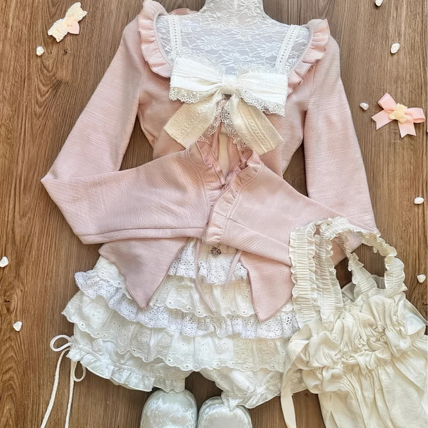 Autumn Cute 3-Piece Set: Pink Cardigan, Suspender Skirt, and Cake Pants AD21167