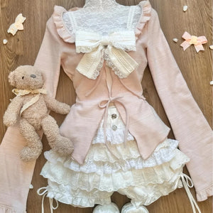 Autumn Cute 3-Piece Set: Pink Cardigan, Suspender Skirt, and Cake Pants AD21167