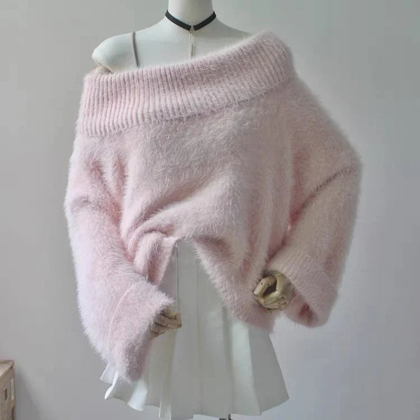 Pink Women’s One-Shoulder Pile Collar Sweater AD21171