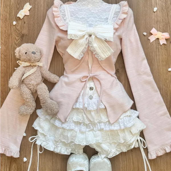 Autumn Cute 3-Piece Set: Pink Cardigan, Suspender Skirt, and Cake Pants AD21167