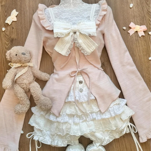 Autumn Cute 3-Piece Set: Pink Cardigan, Suspender Skirt, and Cake Pants AD21167