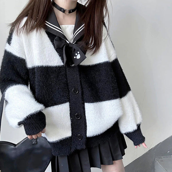 Black White Striped Cardigan Sweater Coat AD21140