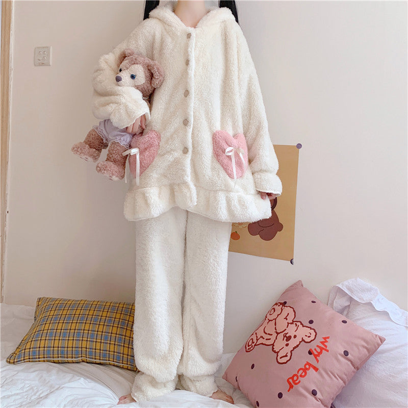 Cute Bunny Ear Bear Hooded Pajamas Set