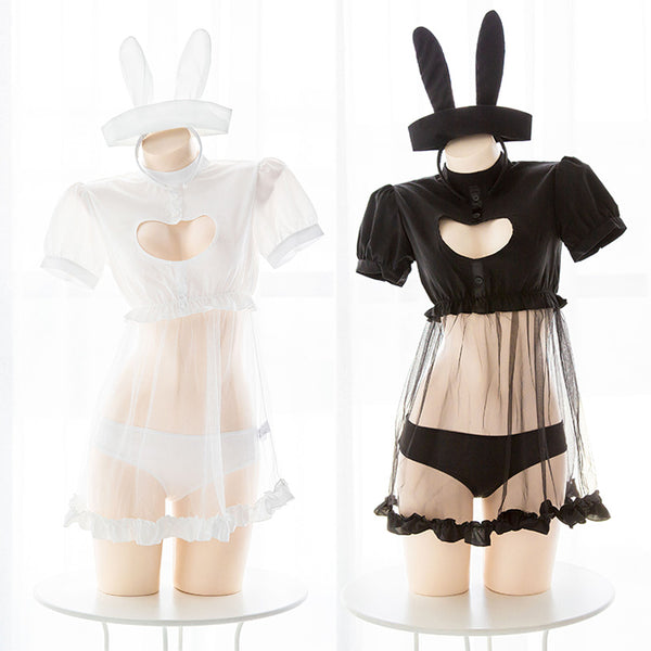 Black/White Kawaii Bunny Heart Hollow Unifrom Lingerie Set AD10432