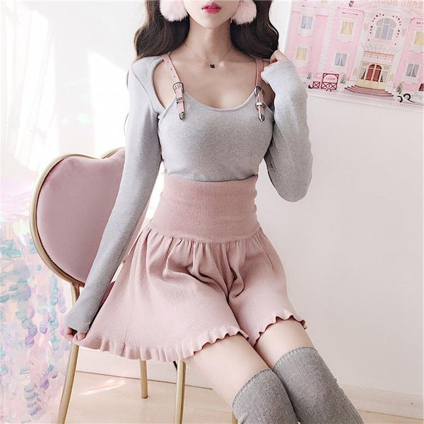 Kawaii Belt Shirt Knit Shorts Set AD10009