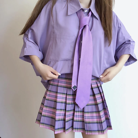 Purple Shirt Plaid Pleated Skirt Set AD11495